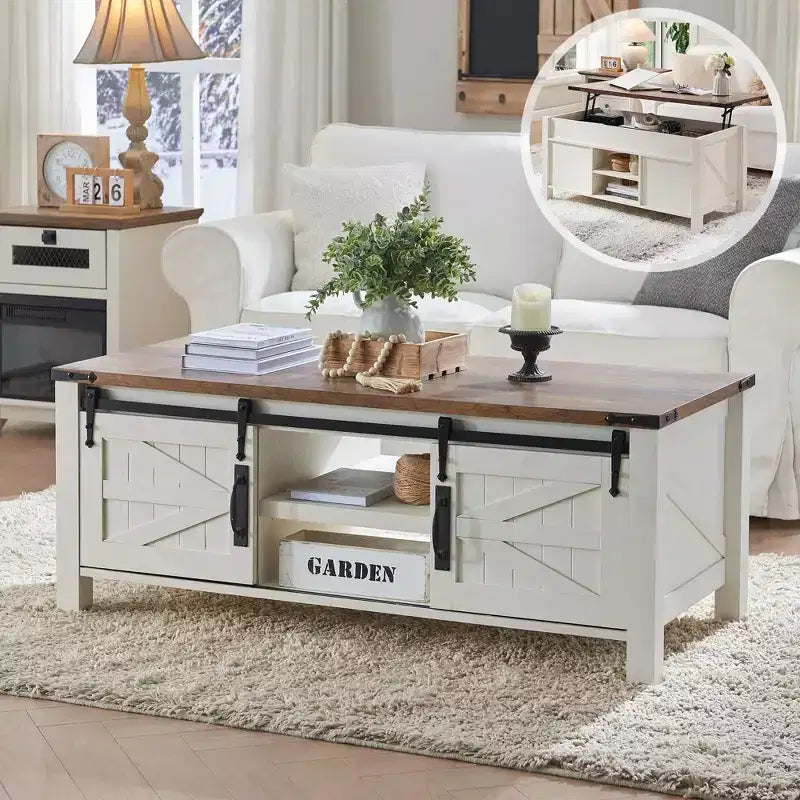 Table basse de ferme relevable de 48 pouces avec porte coulissante de style grange et étagère réglable