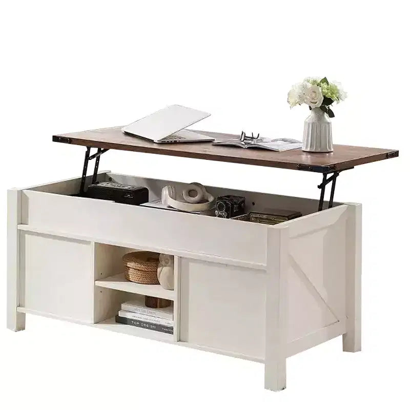 Table basse de ferme relevable de 48 pouces avec porte coulissante de style grange et étagère réglable
