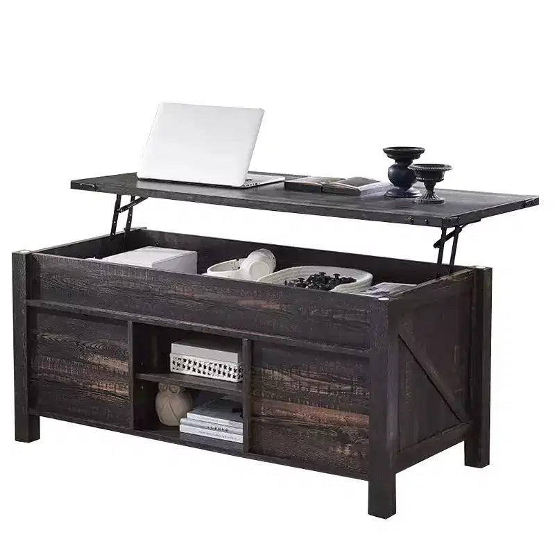 Table basse de ferme relevable de 48 pouces avec porte coulissante de style grange et étagère réglable