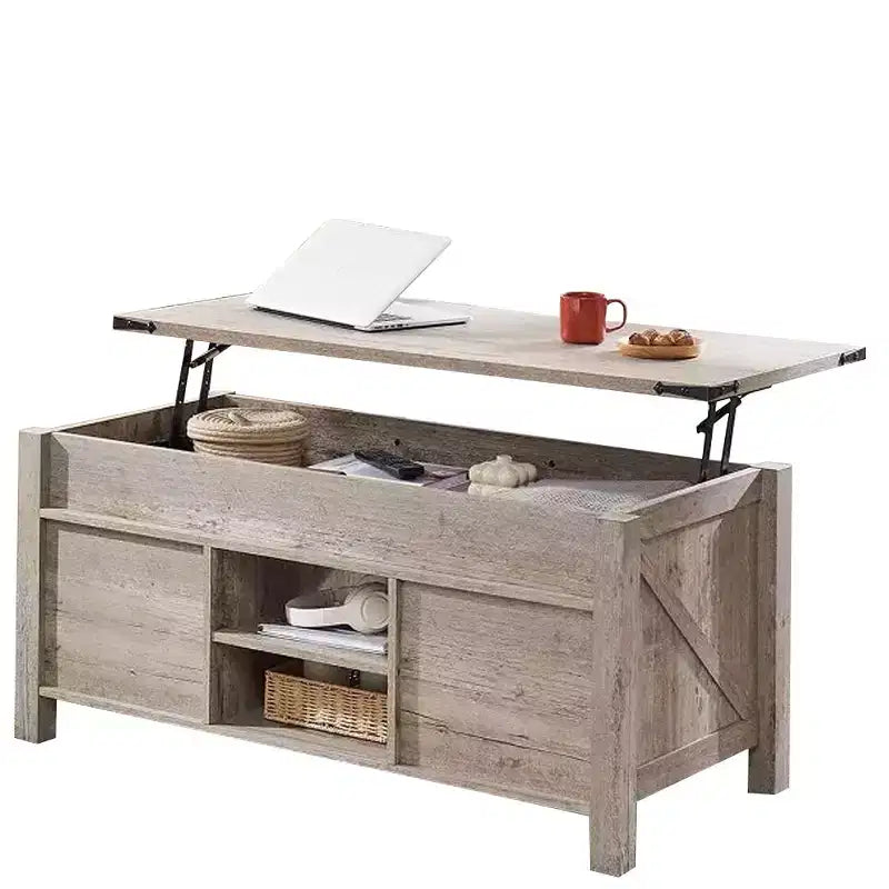 Table basse de ferme relevable de 48 pouces avec porte coulissante de style grange et étagère réglable