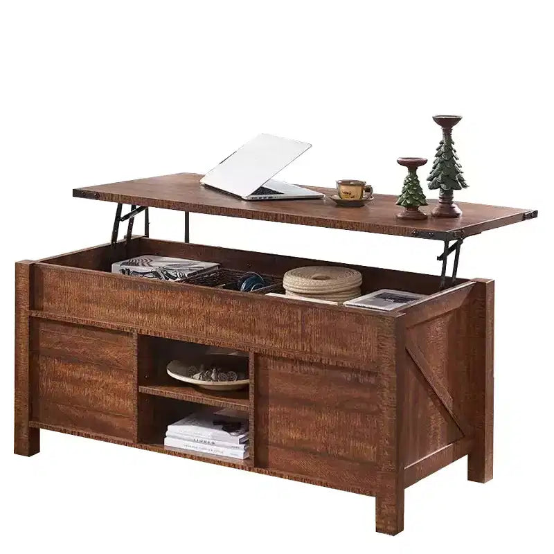 Table basse de ferme relevable de 48 pouces avec porte coulissante de style grange et étagère réglable