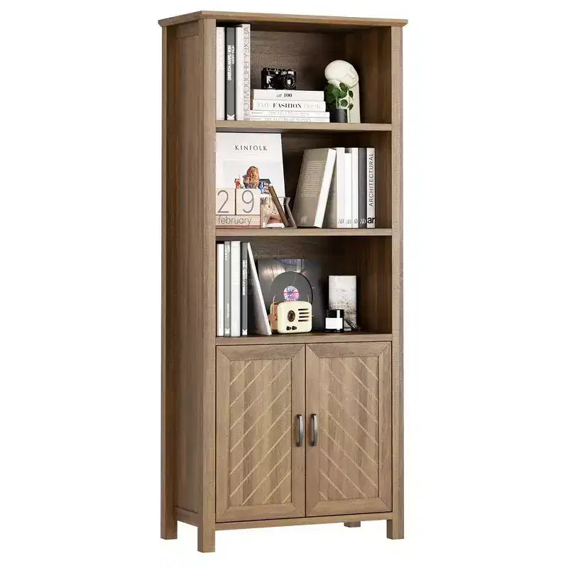 Farmhouse Bookshelves and Bookcases with Doors 5-Tier Storage Bookshelf-Bookcase Wooden Shelf Bookshelves