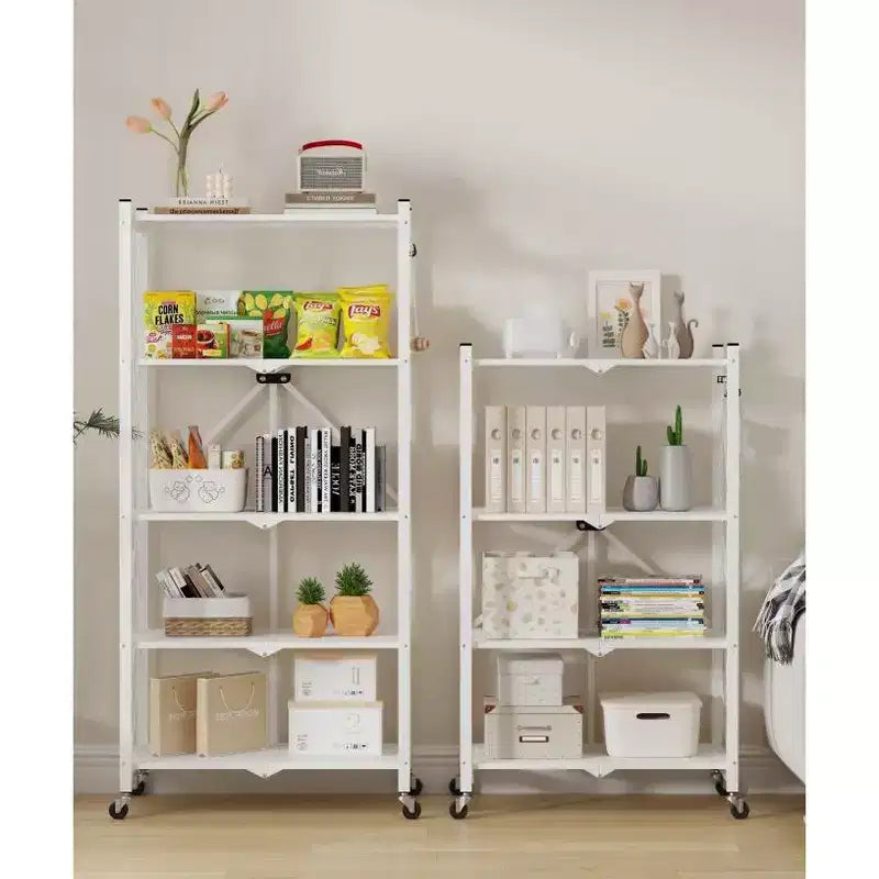 Étagère de rangement métallique pliable à 5 niveaux avec roulettes et crochets latéraux