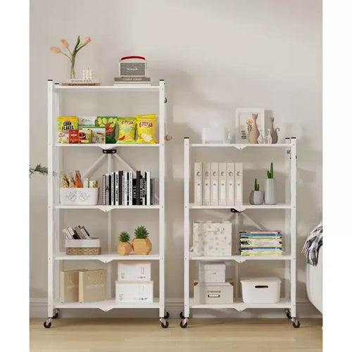 Étagère de rangement métallique pliable à 5 niveaux avec roulettes et crochets latéraux