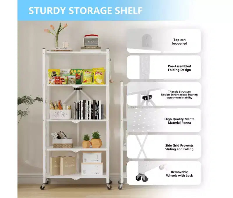 Étagère de rangement métallique pliable à 5 niveaux avec roulettes et crochets latéraux