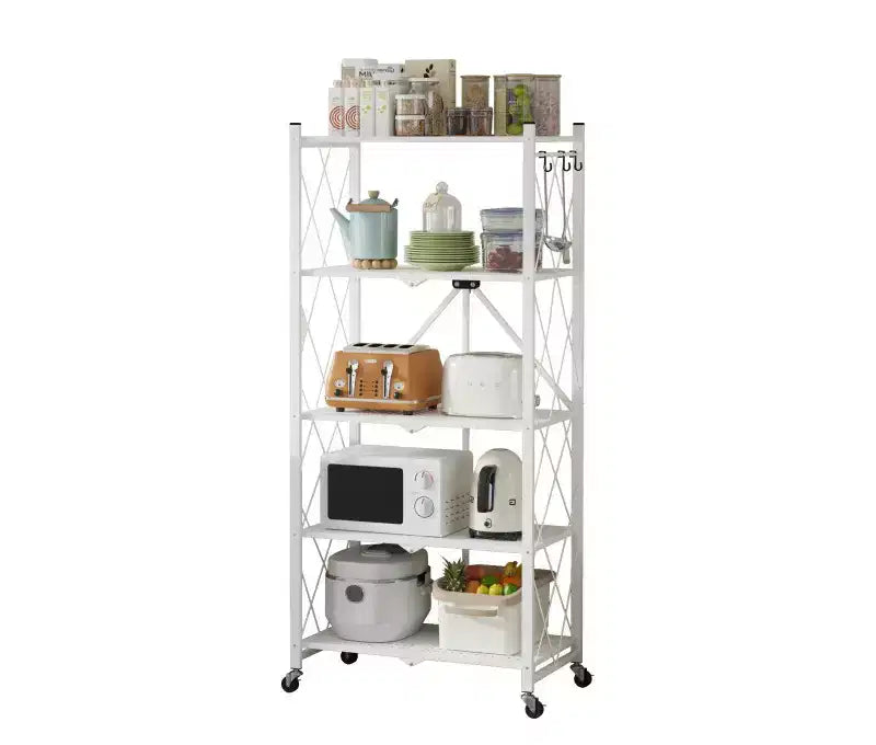 Étagère de rangement métallique pliable à 5 niveaux avec roulettes et crochets latéraux