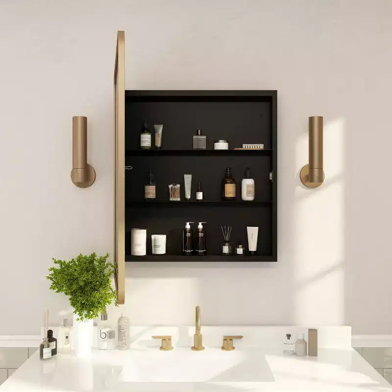 Armoire à pharmacie de salle de bain encastrée avec miroir biseauté arrondi et cadre métallique réversible