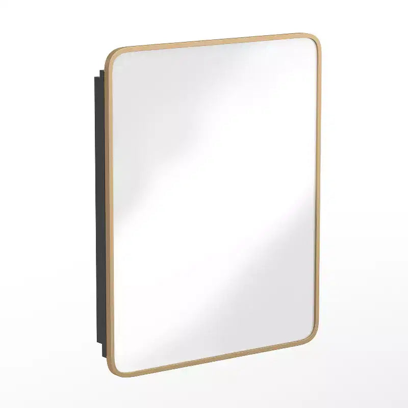 Armoire à pharmacie de salle de bain encastrée avec miroir biseauté arrondi et cadre métallique réversible
