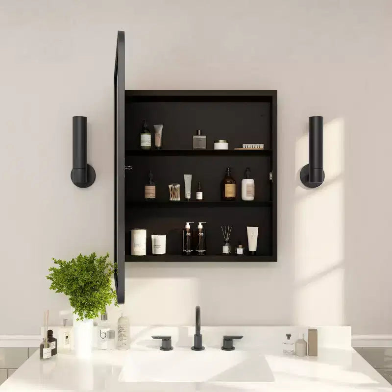 Armoire à pharmacie de salle de bain encastrée avec miroir biseauté arrondi et cadre métallique réversible