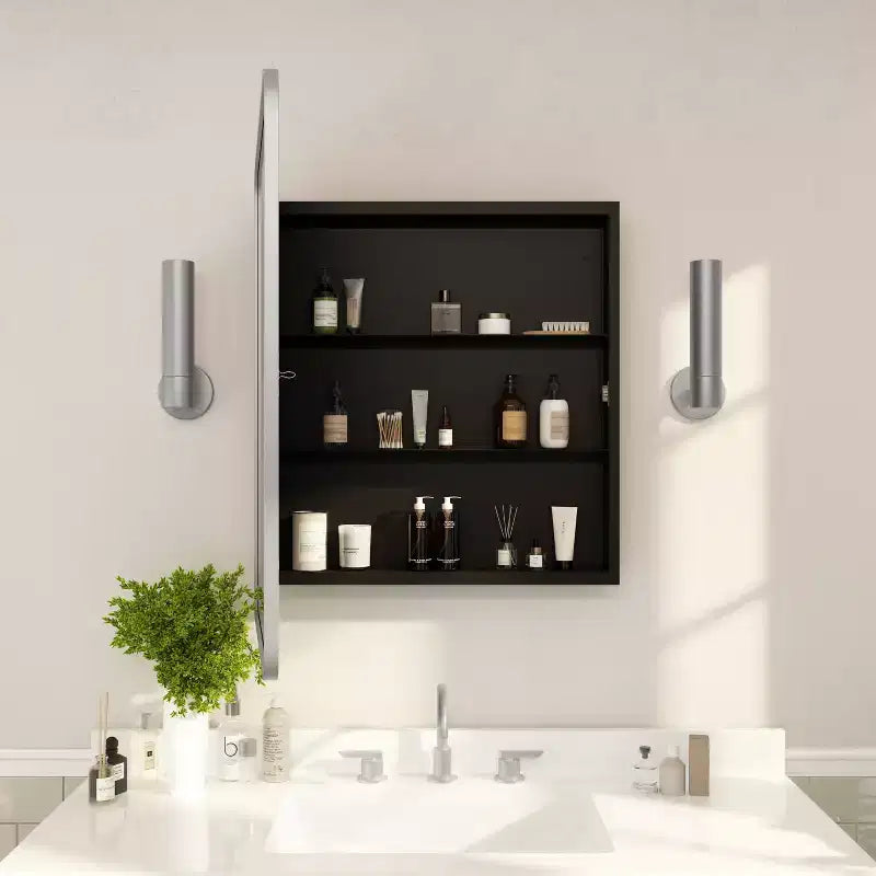 Armoire à pharmacie de salle de bain encastrée avec miroir biseauté arrondi et cadre métallique réversible