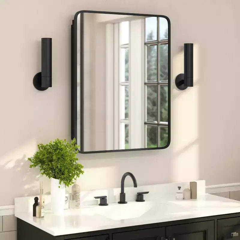 Armoire à pharmacie de salle de bain encastrée avec miroir biseauté arrondi et cadre métallique réversible