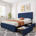 Whizmax Bed Frame with 4 Storage Drawers Linen Upholstered Platform Bed Frame with Adjustable Headboard Diamond Stitched Button Tufted Blue