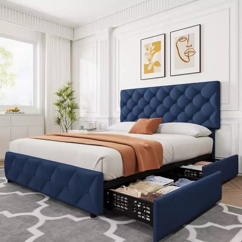 Whizmax Bed Frame with 4 Storage Drawers Linen Upholstered Platform Bed Frame with Adjustable Headboard Diamond Stitched Button Tufted Blue