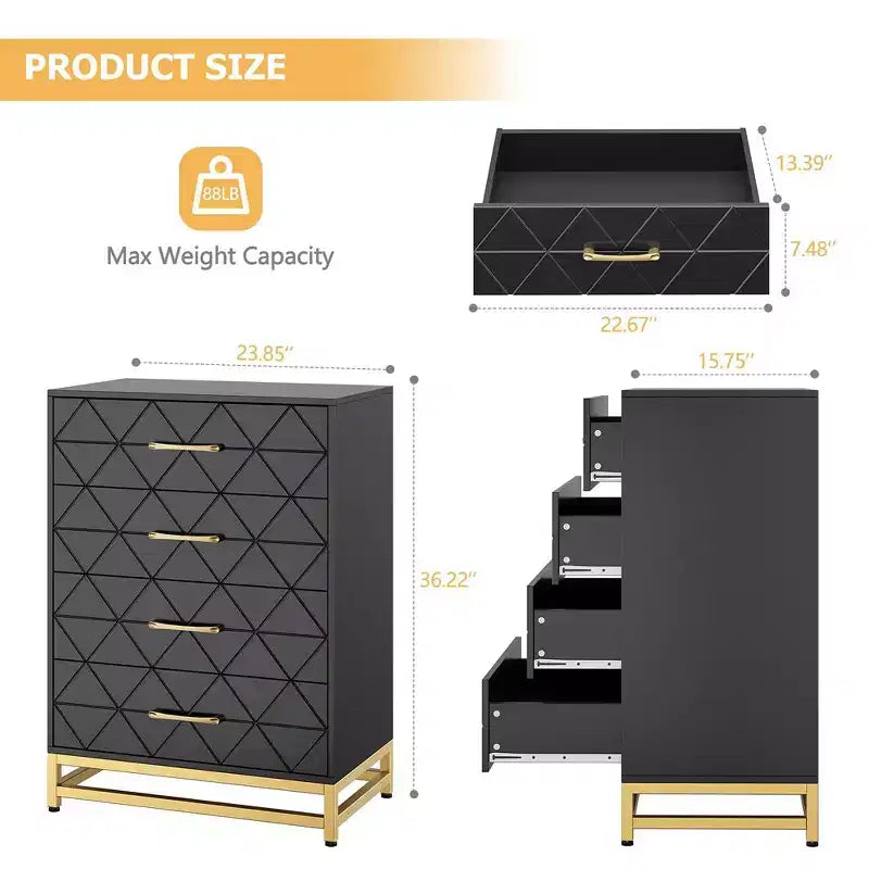 Commode de chambre à coucher avec 4 tiroirs, poignées en métal, structure robuste, meubles de chambre modernes