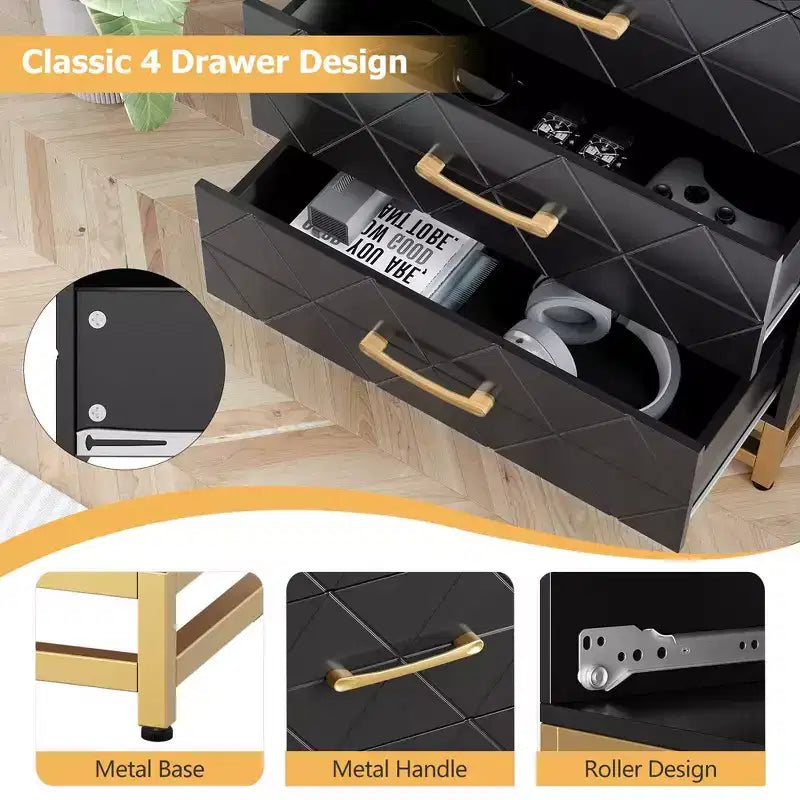Commode de chambre à coucher avec 4 tiroirs, poignées en métal, structure robuste, meubles de chambre modernes