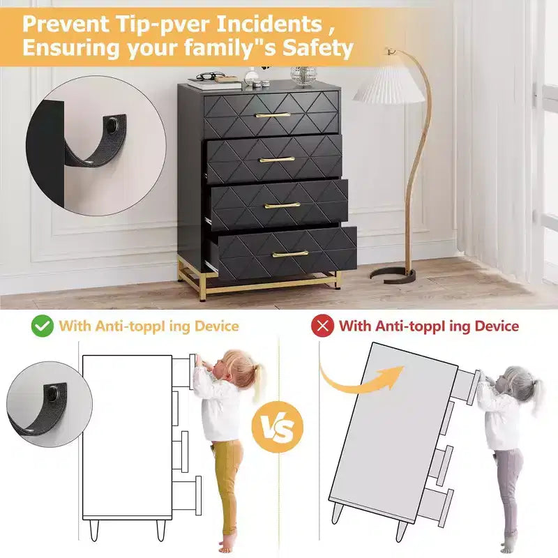 Commode de chambre à coucher avec 4 tiroirs, poignées en métal, structure robuste, meubles de chambre modernes