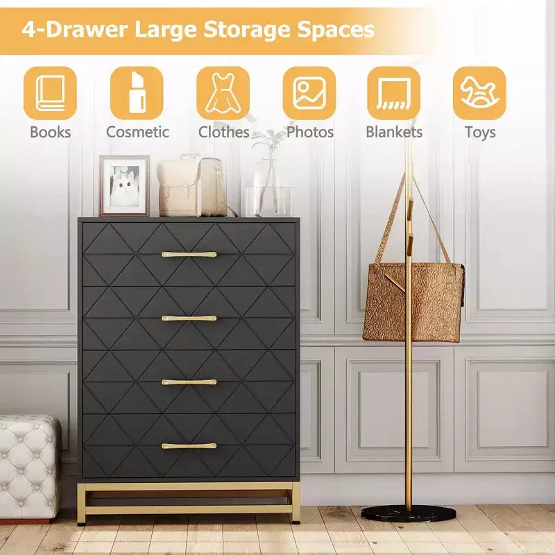 Commode de chambre à coucher avec 4 tiroirs, poignées en métal, structure robuste, meubles de chambre modernes
