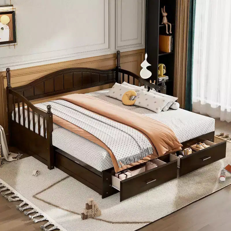 Twin Size Wooden Daybed with Twin Size Trundle Extendable Daybed with Two Storage Drawers 4S - ModernLuxe