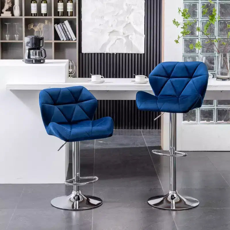 Tabourets de bar pivotants réglables en hauteur, capitonnés en velours et diamant, bleus, lot de 2