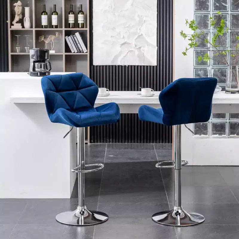 Tabourets de bar pivotants réglables en hauteur, capitonnés en velours et diamant, bleus, lot de 2