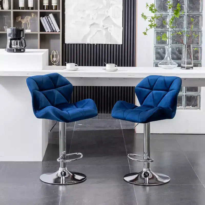 Tabourets de bar pivotants réglables en hauteur, capitonnés en velours et diamant, bleus, lot de 2