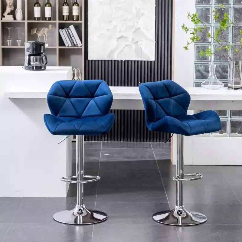 Tabourets de bar pivotants réglables en hauteur, capitonnés en velours et diamant, bleus, lot de 2