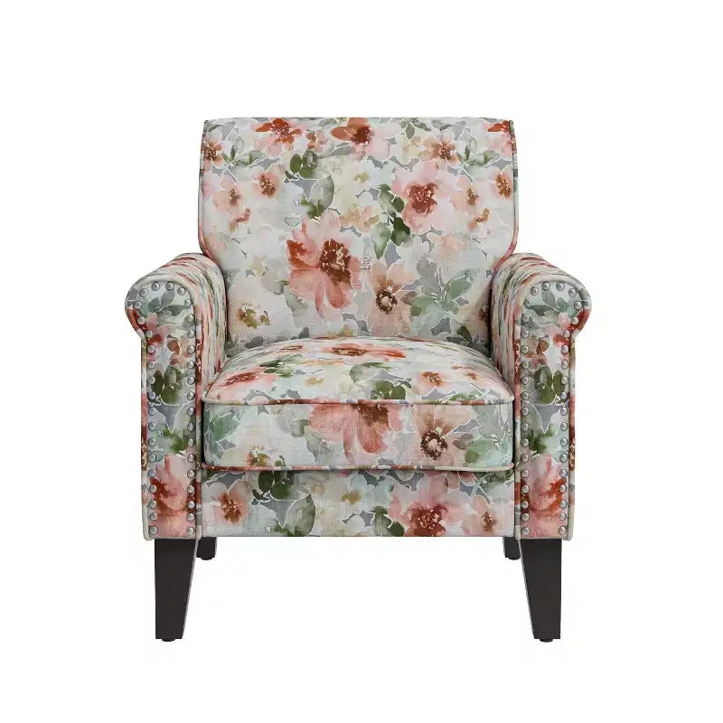 Fauteuil à accoudoirs roulés traditionnel avec clous décoratifs couleur étain à motif floral
