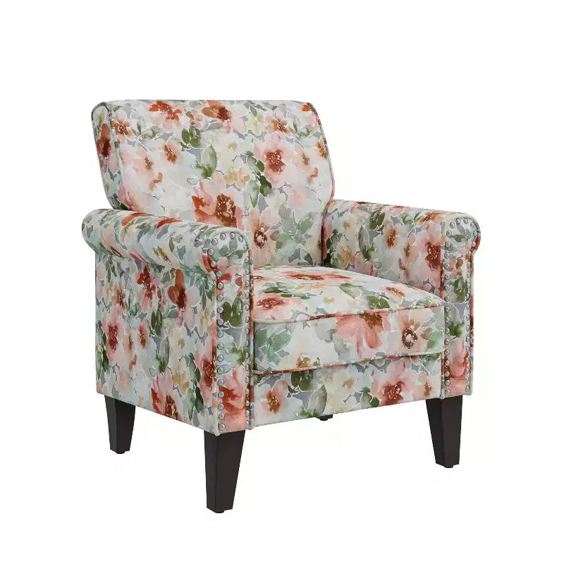Fauteuil à accoudoirs roulés traditionnel avec clous décoratifs couleur étain à motif floral