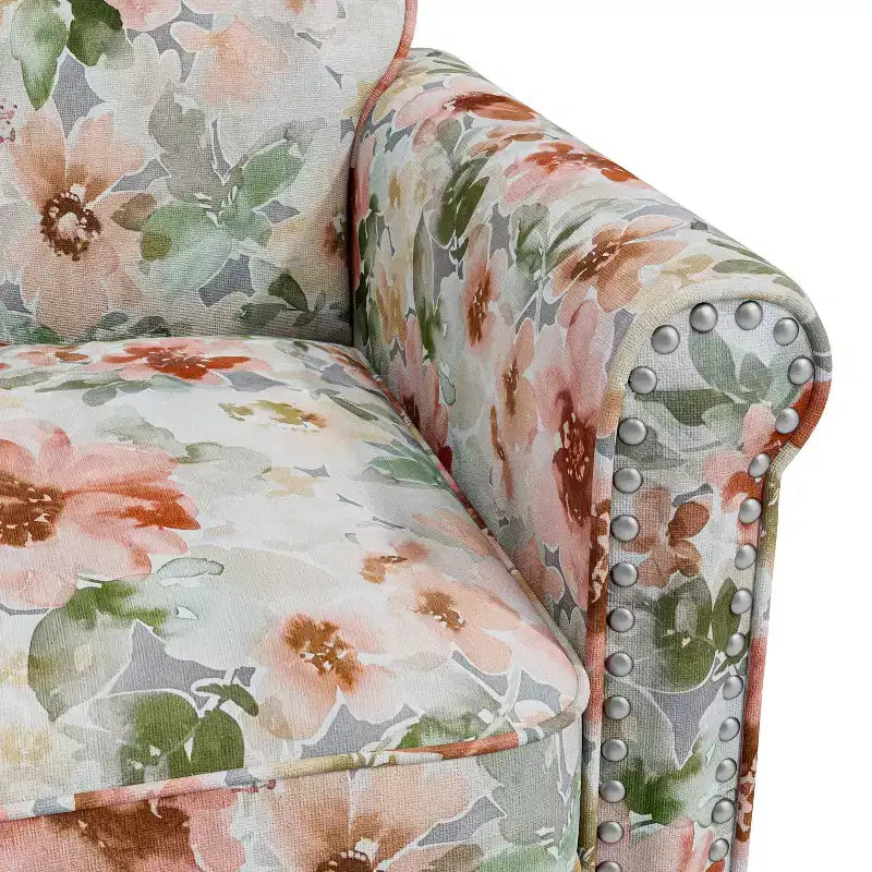 Fauteuil à accoudoirs roulés traditionnel avec clous décoratifs couleur étain à motif floral