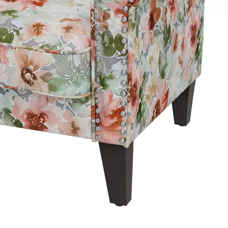 Fauteuil à accoudoirs roulés traditionnel avec clous décoratifs couleur étain à motif floral