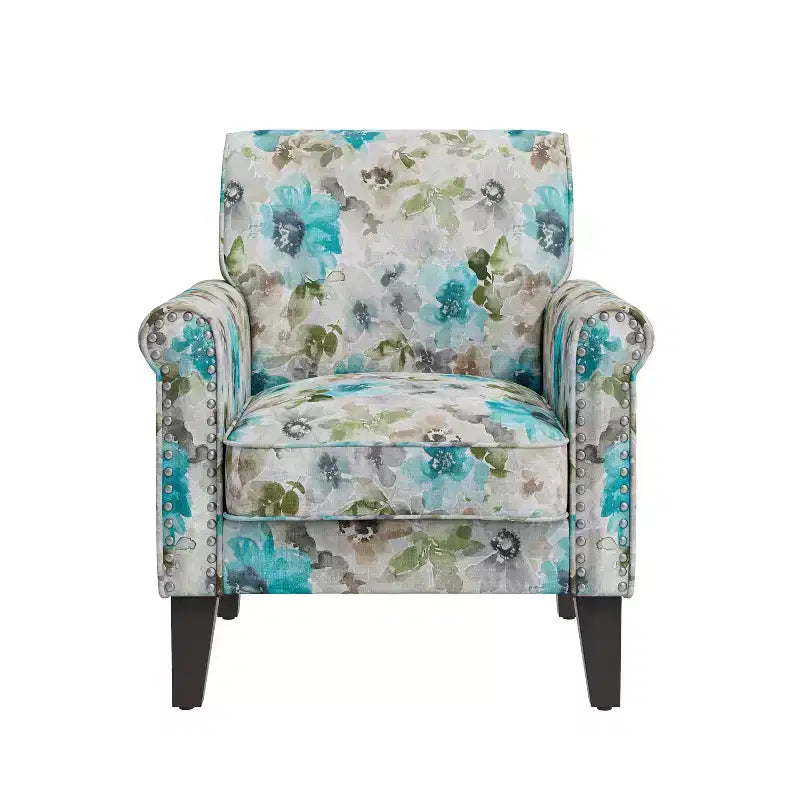 Fauteuil à accoudoirs roulés traditionnel avec clous décoratifs couleur étain à motif floral