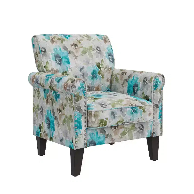 Fauteuil à accoudoirs roulés traditionnel avec clous décoratifs couleur étain à motif floral