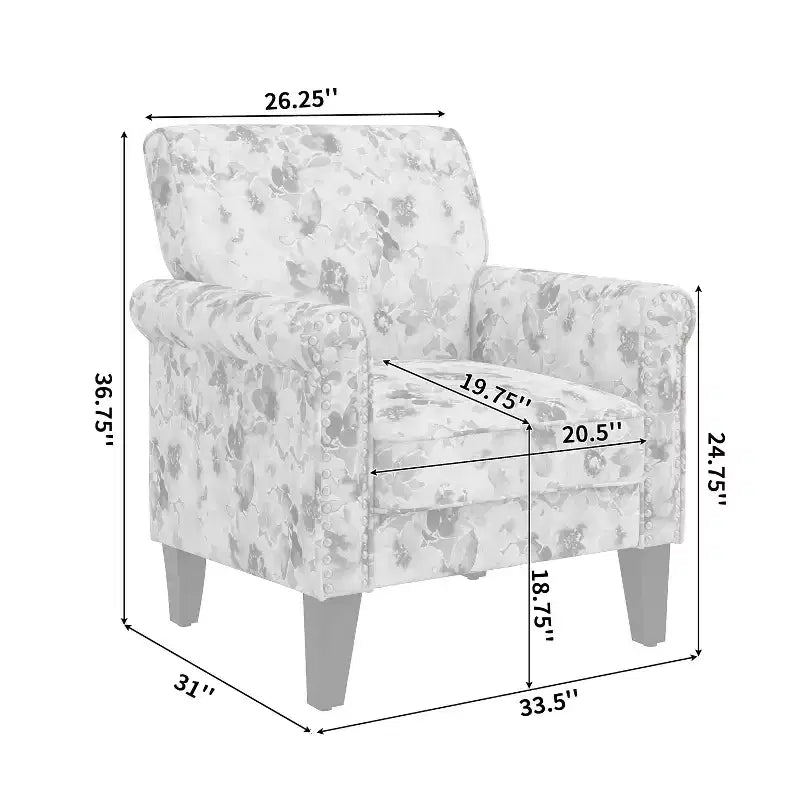 Fauteuil à accoudoirs roulés traditionnel avec clous décoratifs couleur étain à motif floral
