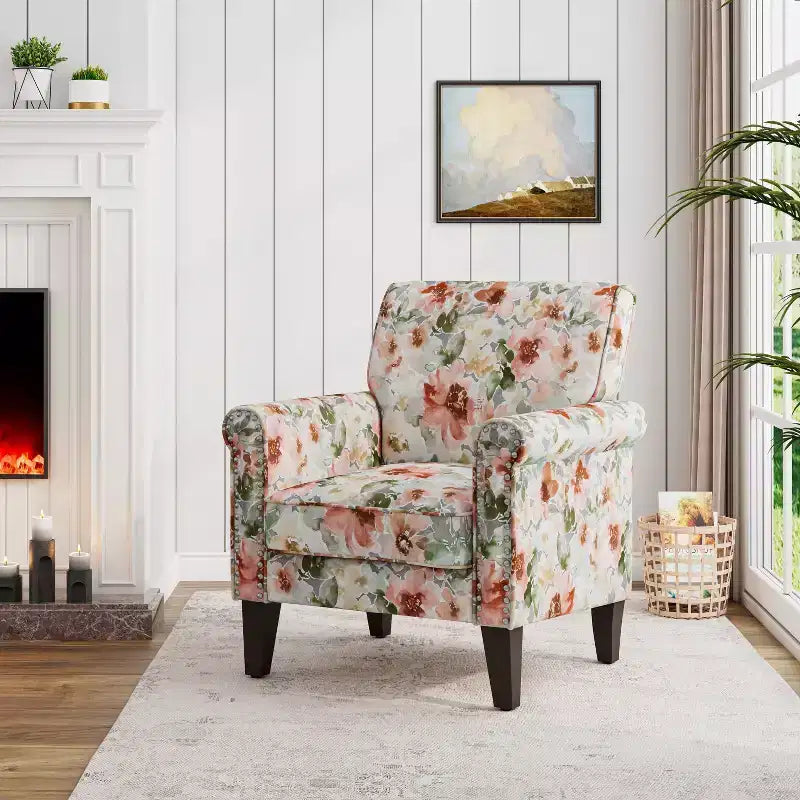 Fauteuil à accoudoirs roulés traditionnel avec clous décoratifs couleur étain à motif floral